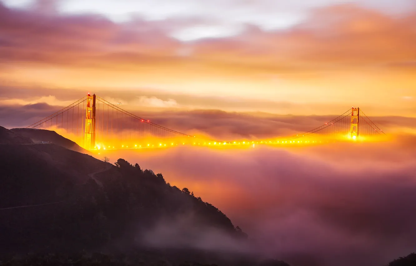 Photo wallpaper the sky, light, mountains, bridge, the city, lights, fog, dawn