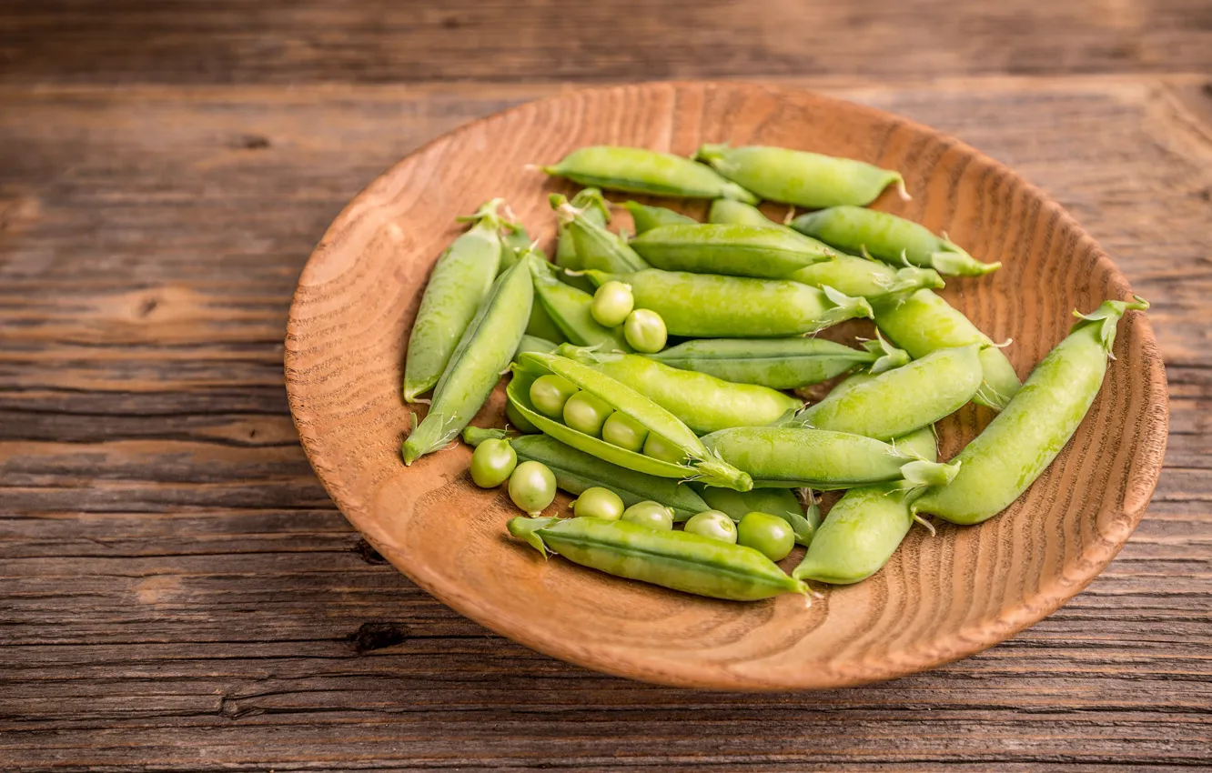 Photo wallpaper peas, pods, plate, green peas, Board, fresh