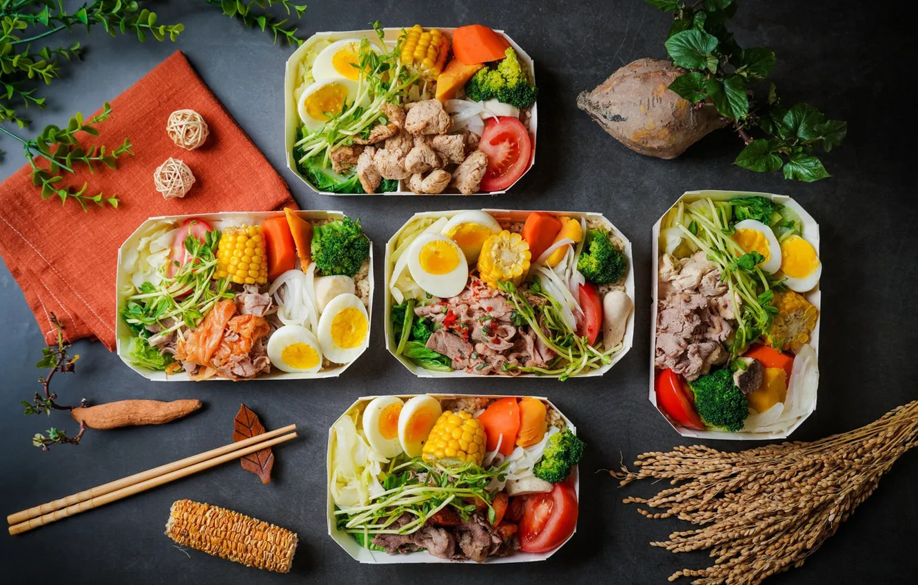 Photo wallpaper eggs, meat, vegetables, tomatoes, serving