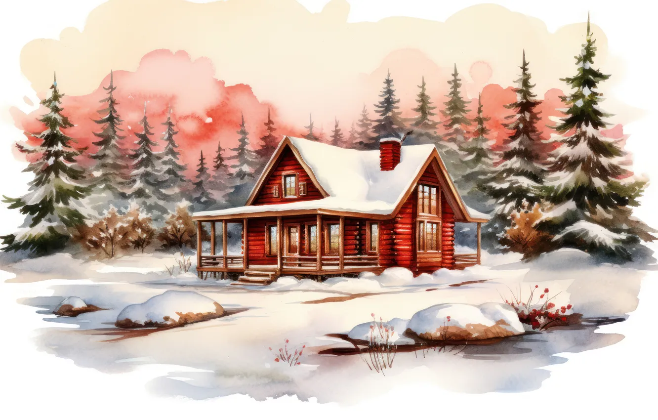 Photo wallpaper winter, frost, forest, the sky, clouds, snow, red, fog