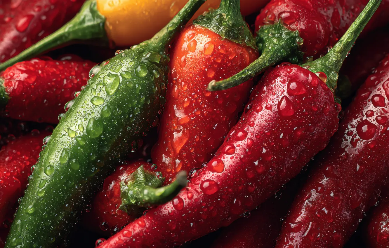Photo wallpaper drops, red, green, pepper, sharp, vegetables, a lot, Chile