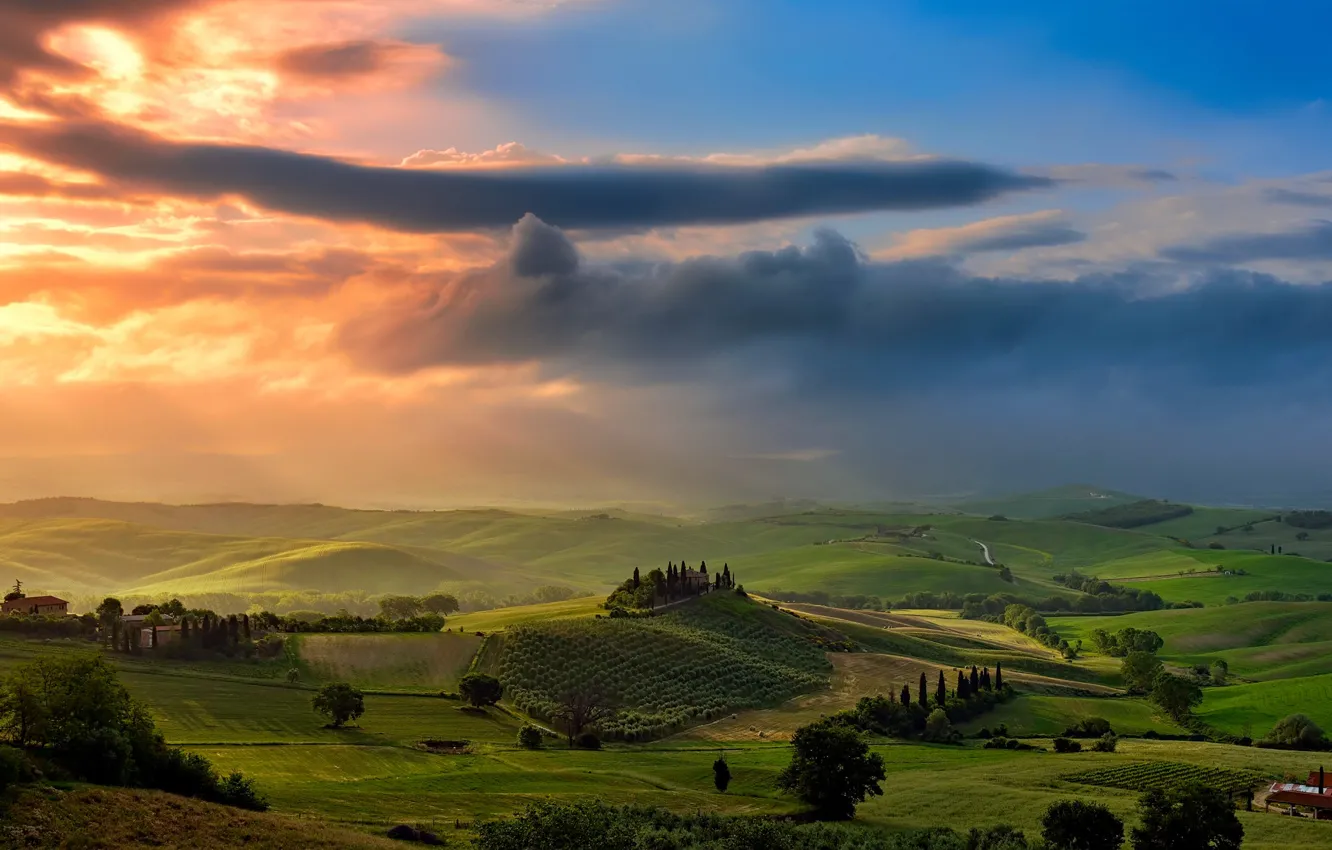 Photo wallpaper field, the sky, clouds, light, valley, Italy, Tuscany