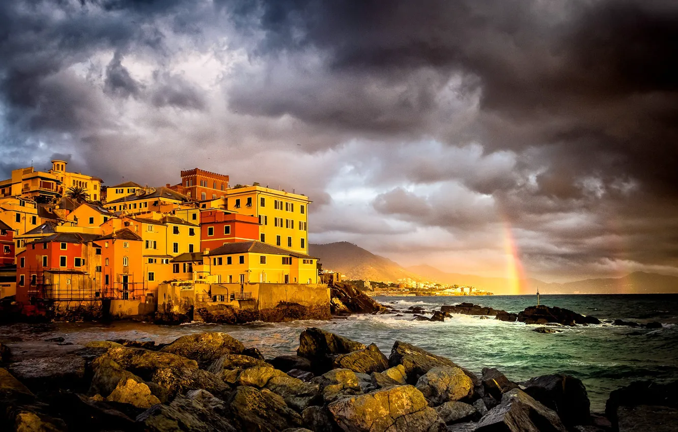 Photo wallpaper sea, the storm, clouds, the city, stones, home, rainbow, Italy