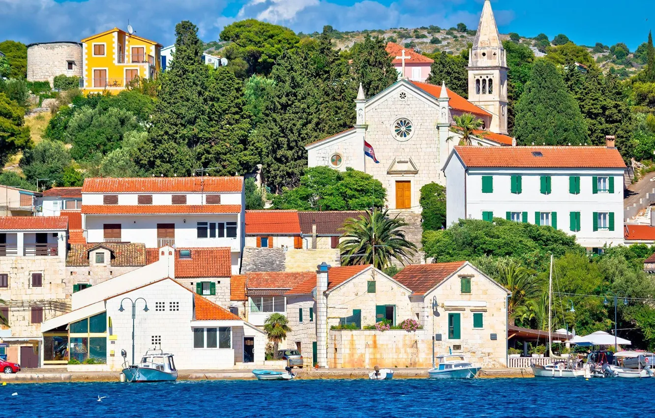 Photo wallpaper sea, home, boats, promenade, Croatia, Rogoznica, mediterranean architecture, city of Rogoznica