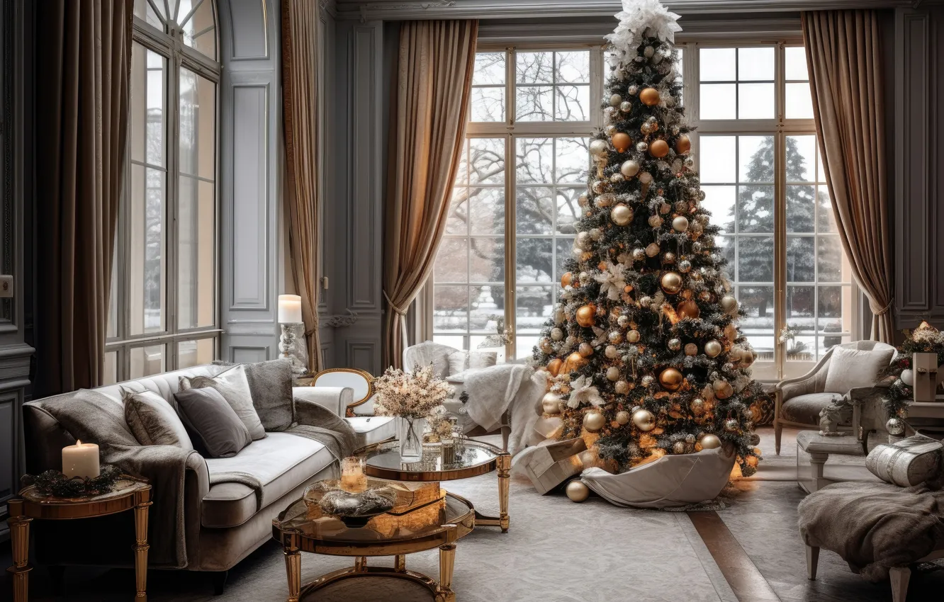 Photo wallpaper room, tree, interior, Christmas, New year, Christmas, view, tree
