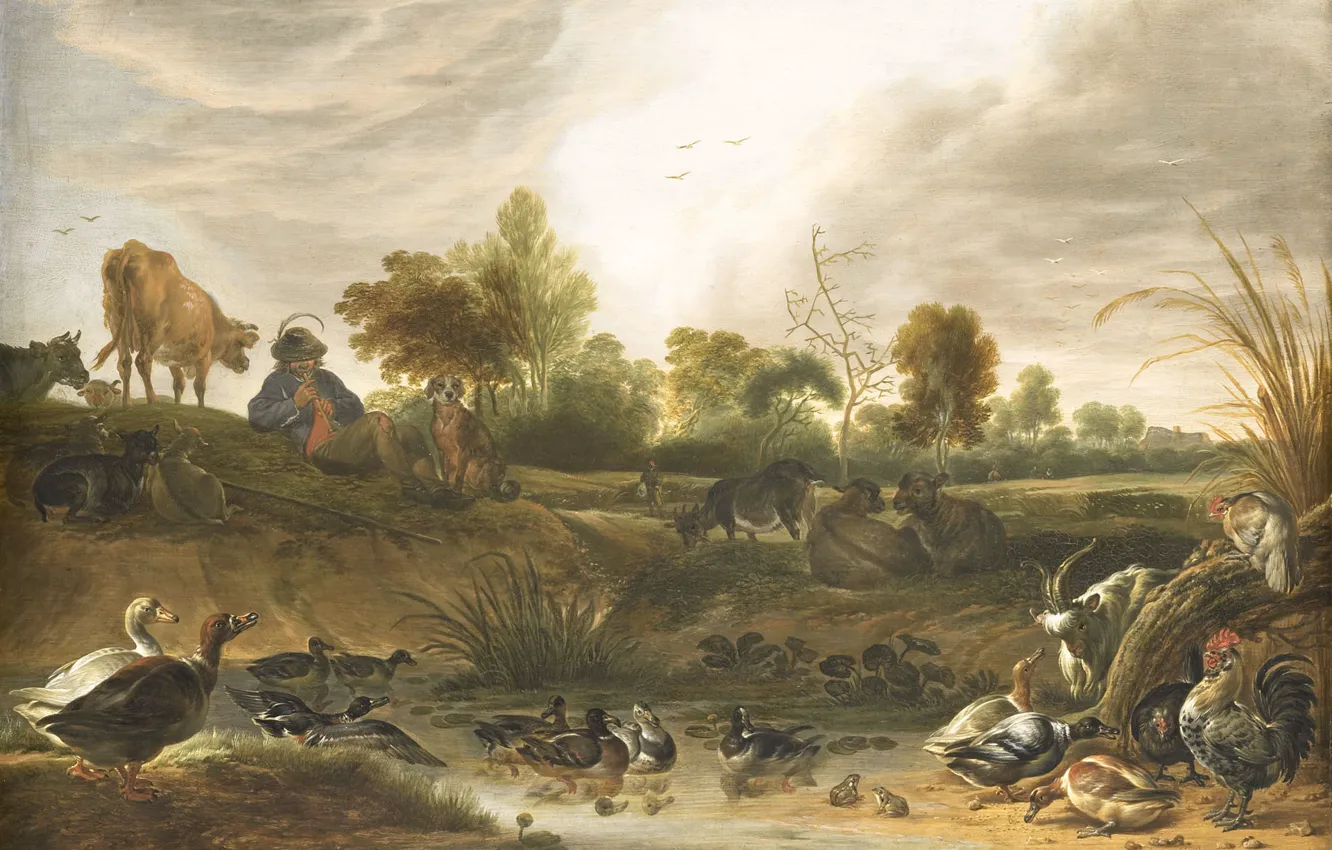 Photo wallpaper birds, tree, oil, picture, Cornelis Saftleven, Landscape with Animals