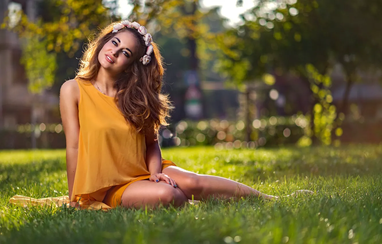 Photo wallpaper summer, grass, look, girl, flowers, nature, pose, skirt