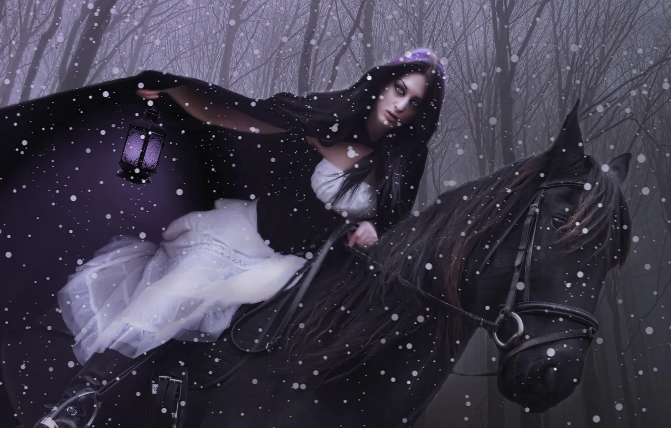Photo wallpaper girl, horse, lantern, rider, cloak