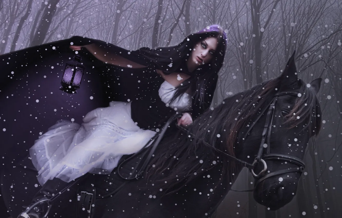 Photo wallpaper girl, horse, lights, rider, cloak