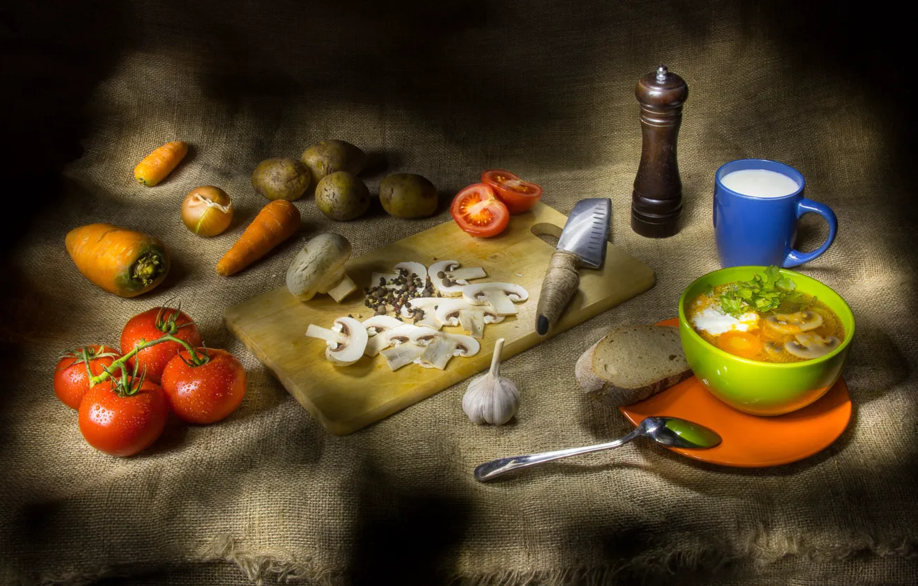 Photo wallpaper mushrooms, soup, still life, vegetables
