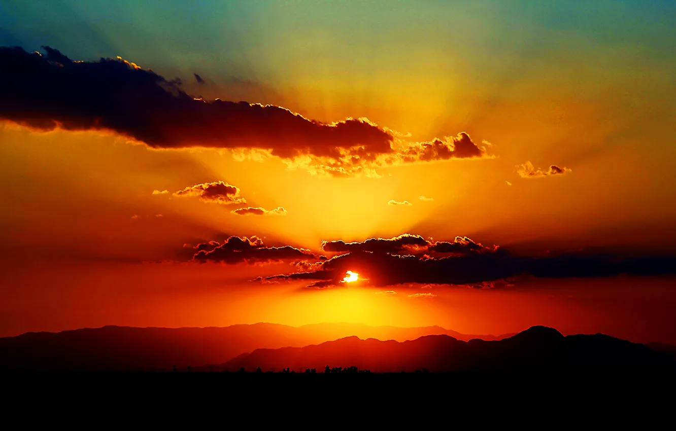 Photo wallpaper the sky, clouds, sunset, mountains