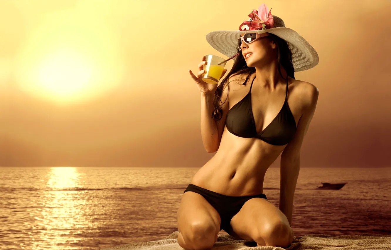Photo wallpaper beach, swimsuit, the sun, hat, drink