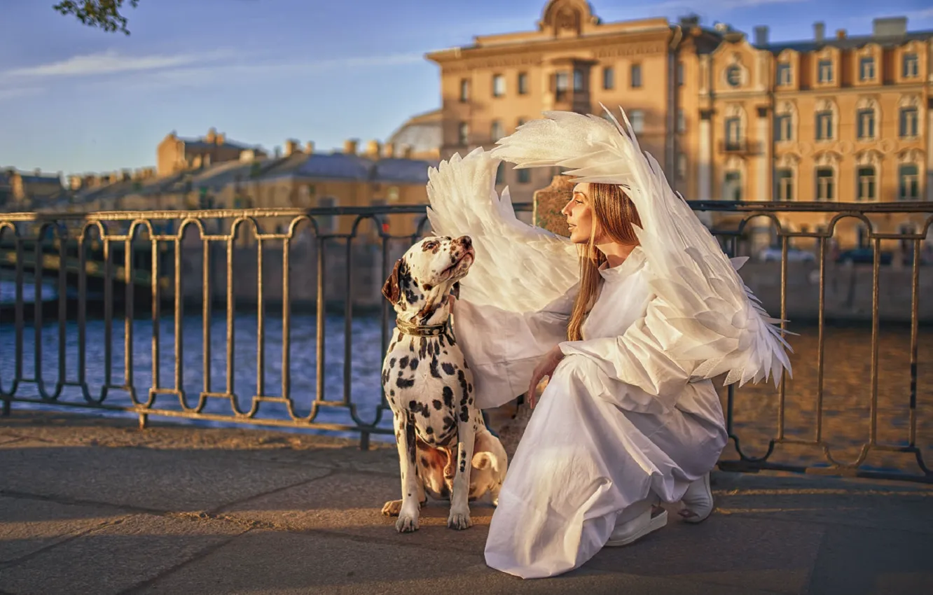 Photo wallpaper girl, the city, pose, wings, dog, channel, Dalmatians, With Sergei