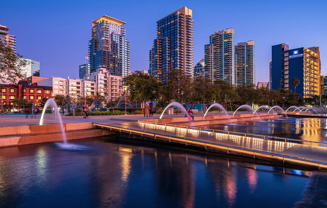 Photo wallpaper building, skyscrapers, channel, fountain, USA, San Diego