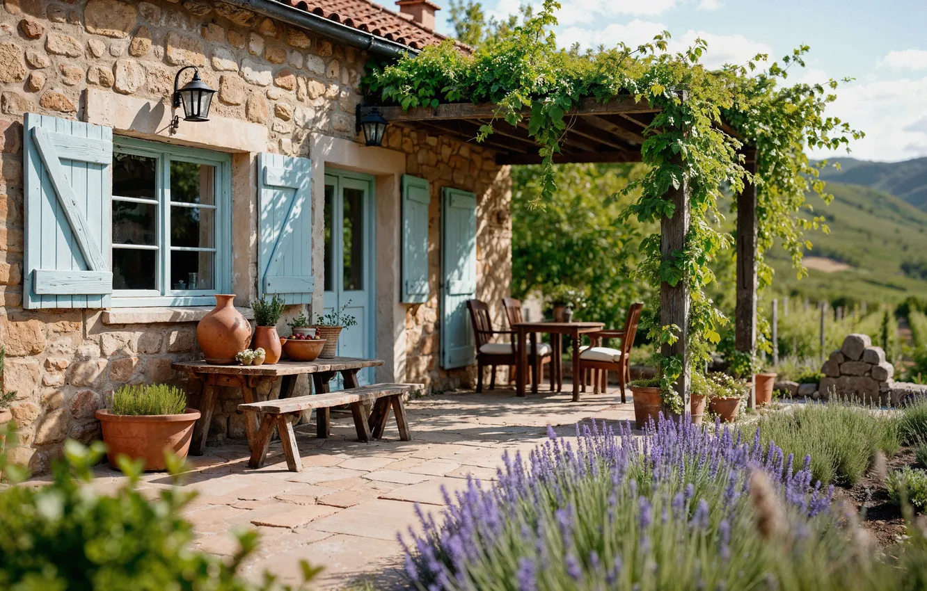 Photo wallpaper the sun, home, summer, house, sunshine, vacation, flowering, landscape