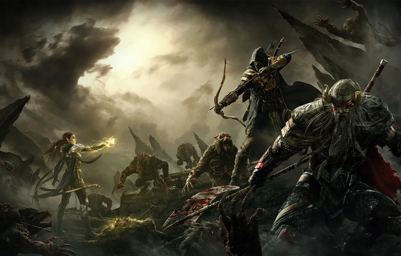 Photo wallpaper clouds, weapons, rocks, magic, blood, bow, monsters, battle