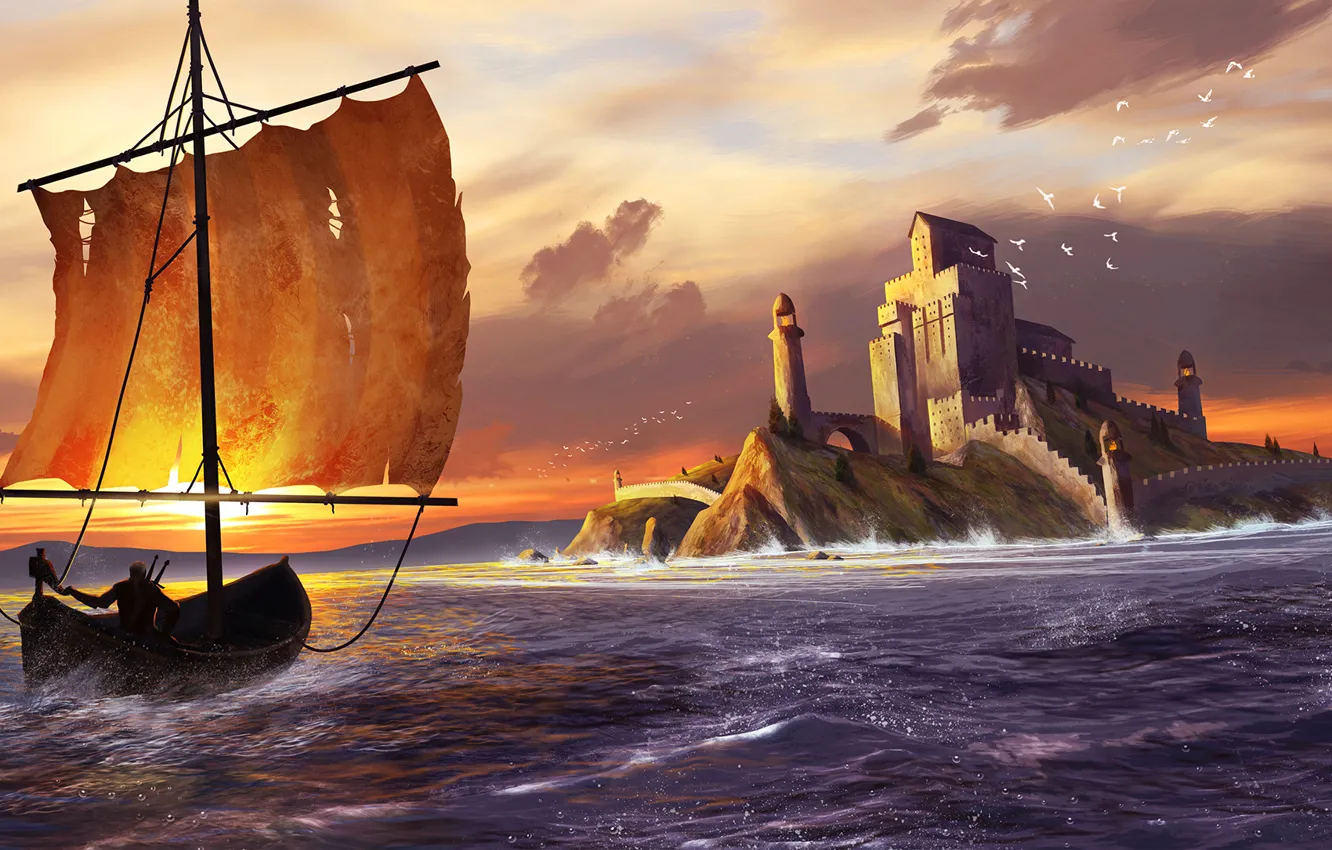 Photo wallpaper sea, landscape, castle, shore, boat, seagulls, kit, sail