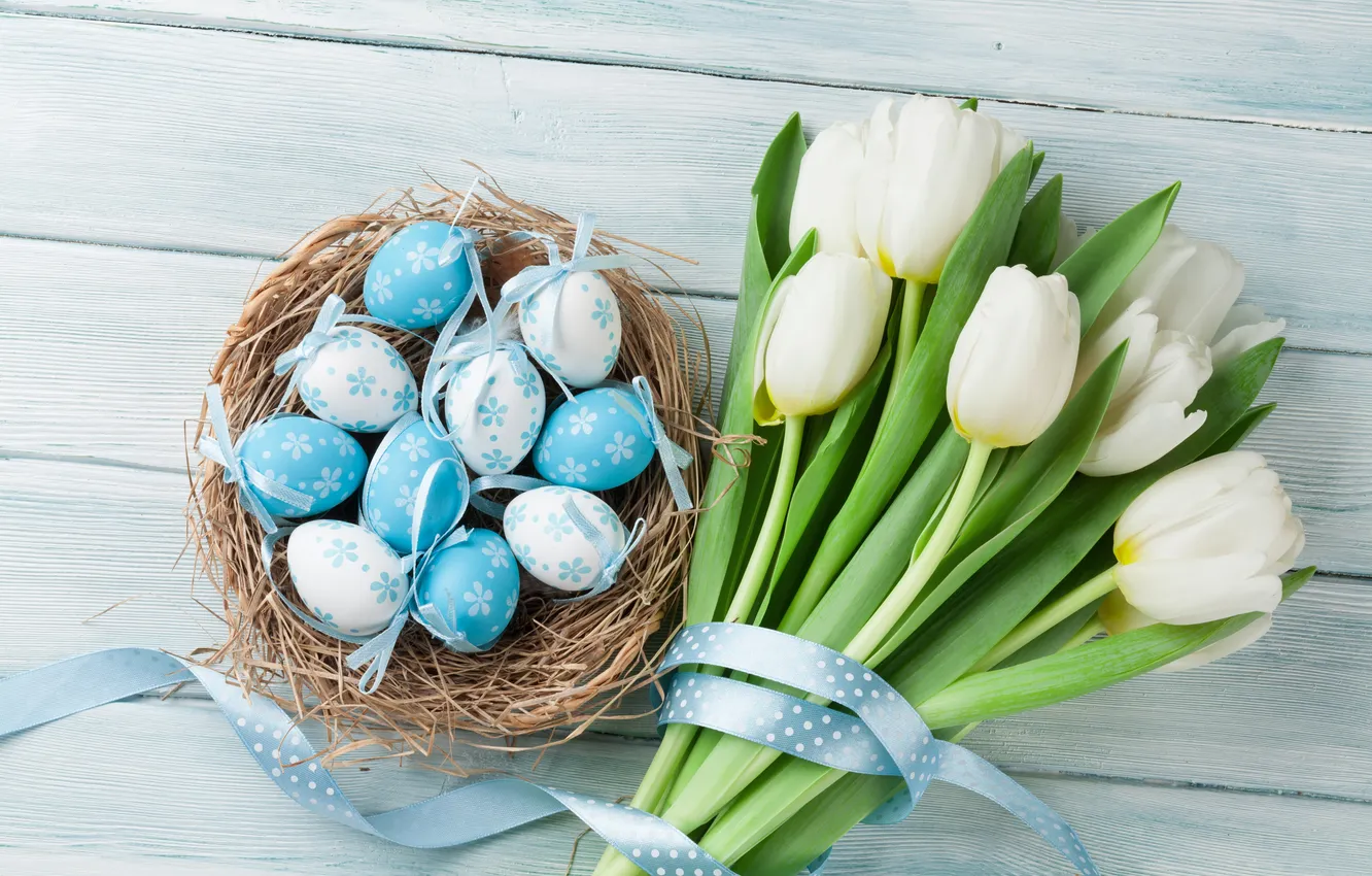 Photo wallpaper flowers, Board, eggs, spring, colorful, Easter, tulips, white