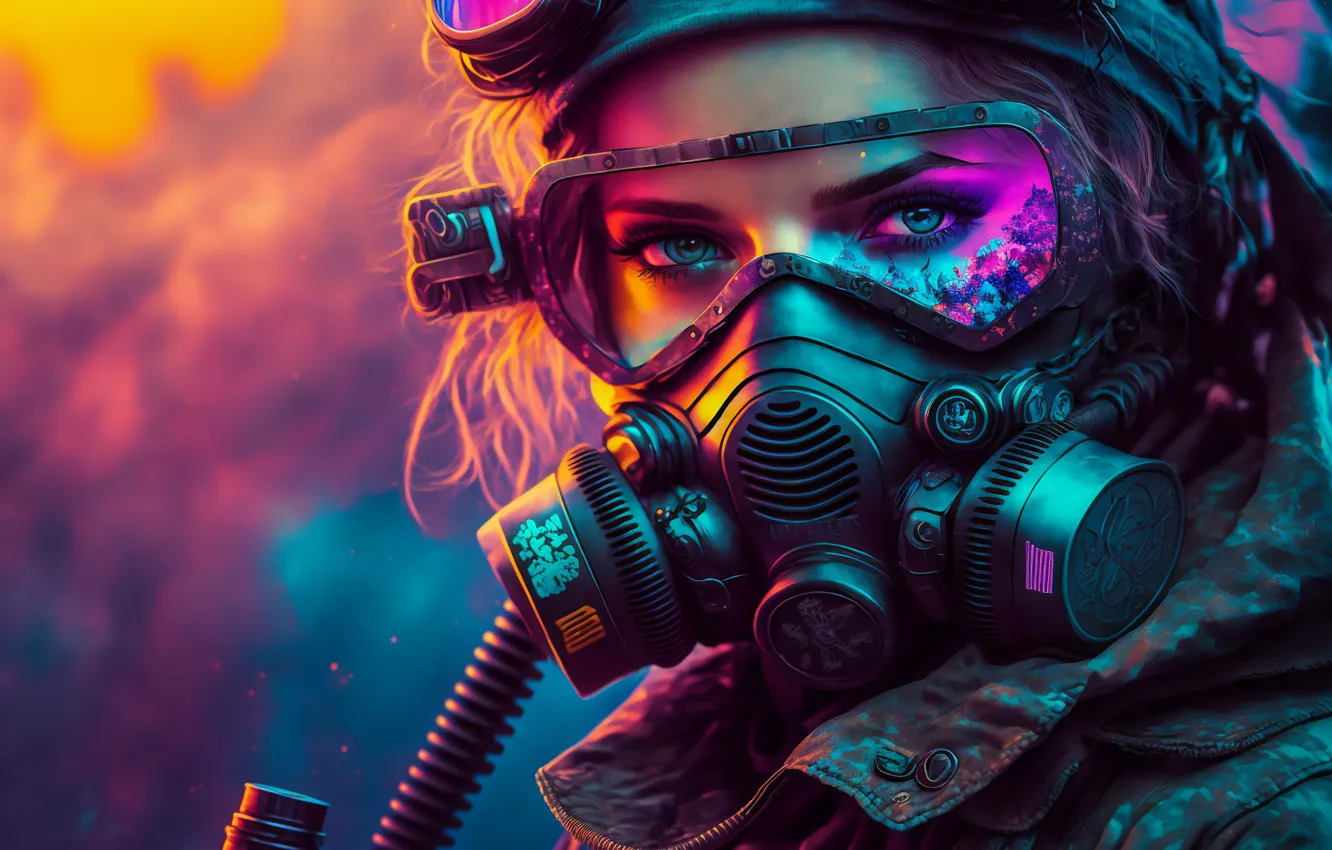 Photo wallpaper girl, eyes, gas mask, AI Generated