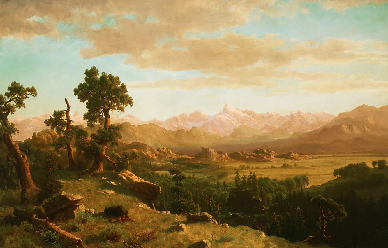 Photo wallpaper landscape, mountains, stones, picture, valley, Albert Bierstadt, Wind River Country
