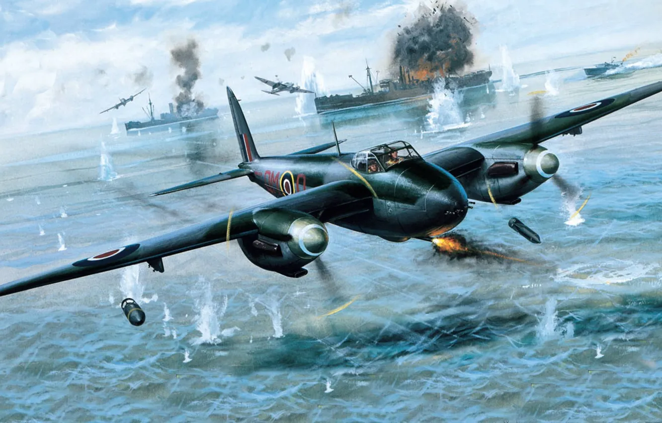 Photo wallpaper sea, the sky, the explosion, war, attack, ship, bomb, fighter