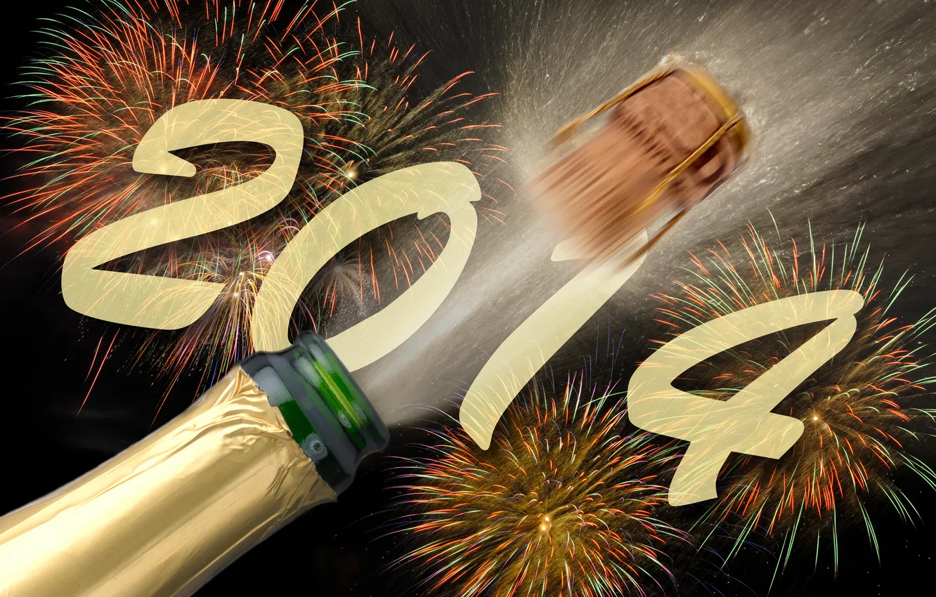 Photo wallpaper bottle, salute, tube, fireworks, champagne, 2014