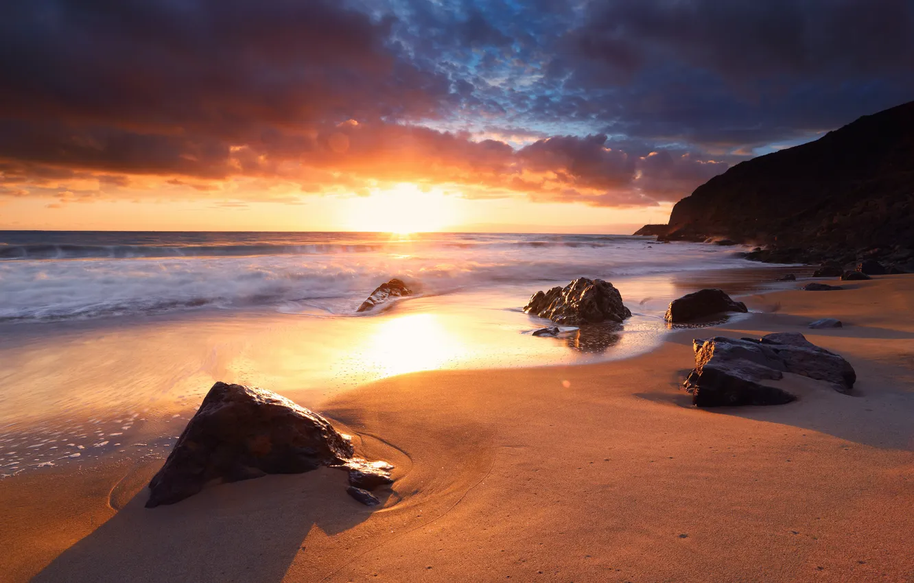 Photo wallpaper sea, beach, the sky, the sun, sunset, stones, CA