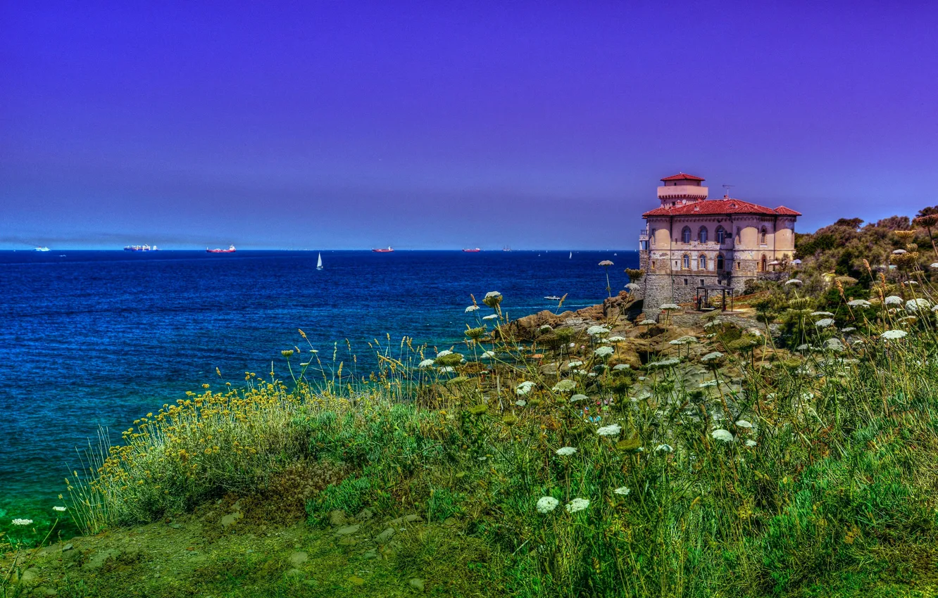 Photo wallpaper sea, grass, flowers, castle, coast, Italy, Italy, The Ligurian sea