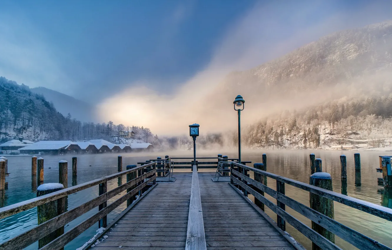 Photo wallpaper Hubert Bichler, mountains, winter, fog, home, pierce, Germany, lake