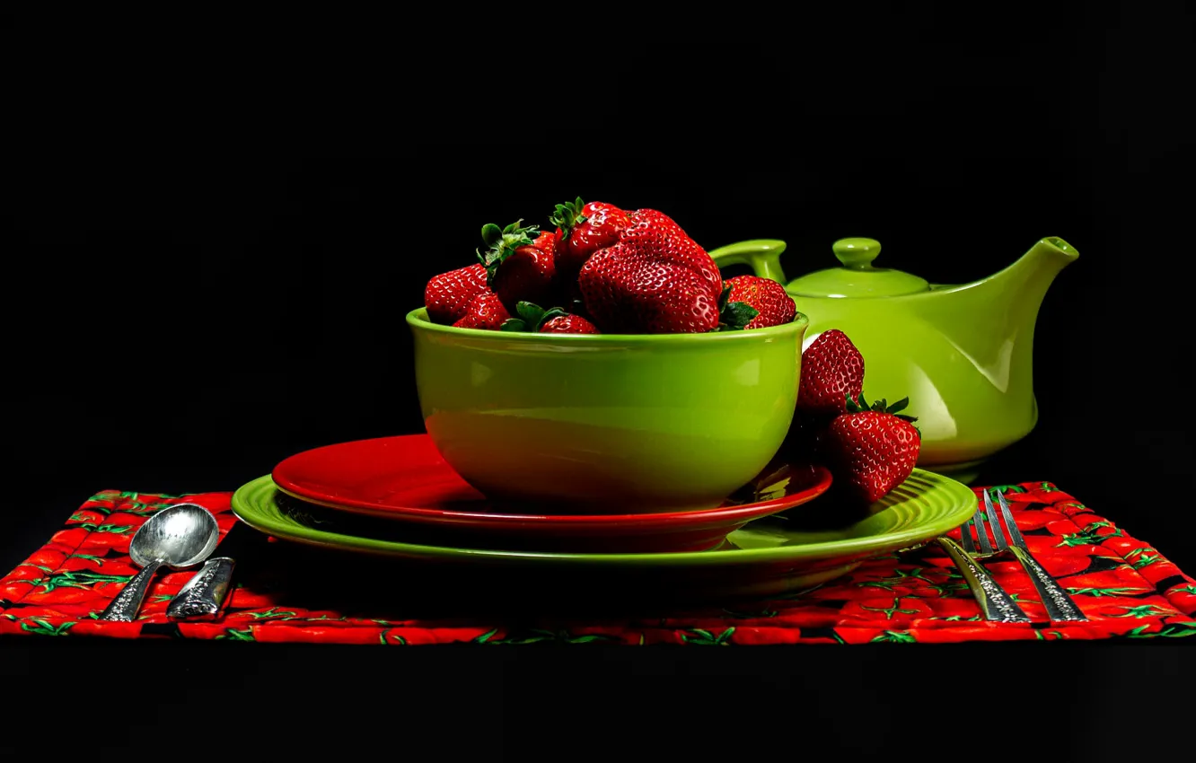 Photo wallpaper red, green, berries, kettle, strawberry, spoon, knife, plates