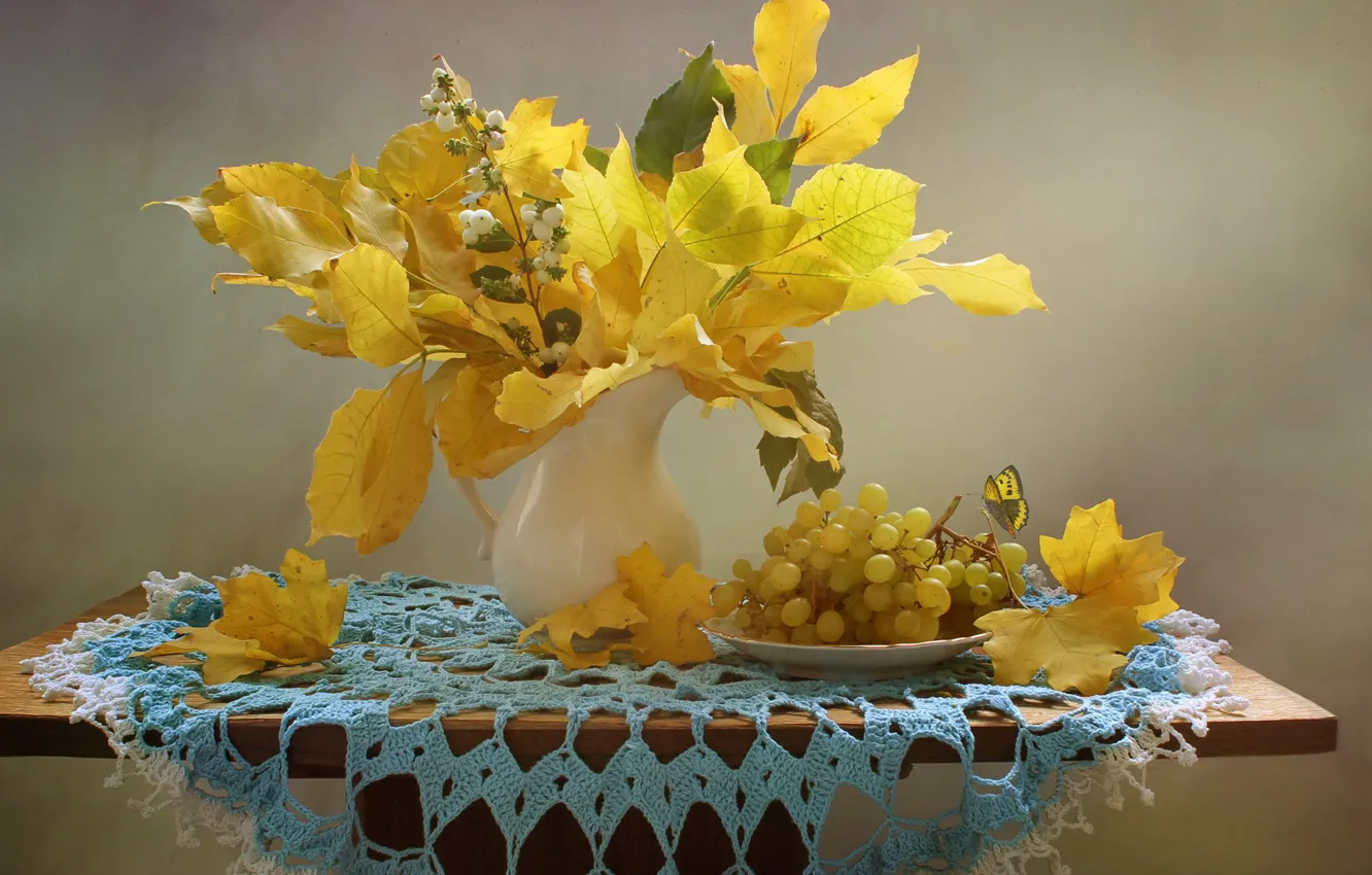 Photo wallpaper autumn, leaves, branches, berries, butterfly, plate, grapes, pitcher