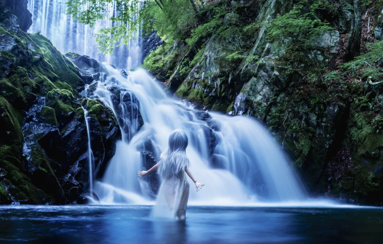 Photo wallpaper nature, mood, toy, waterfall, doll