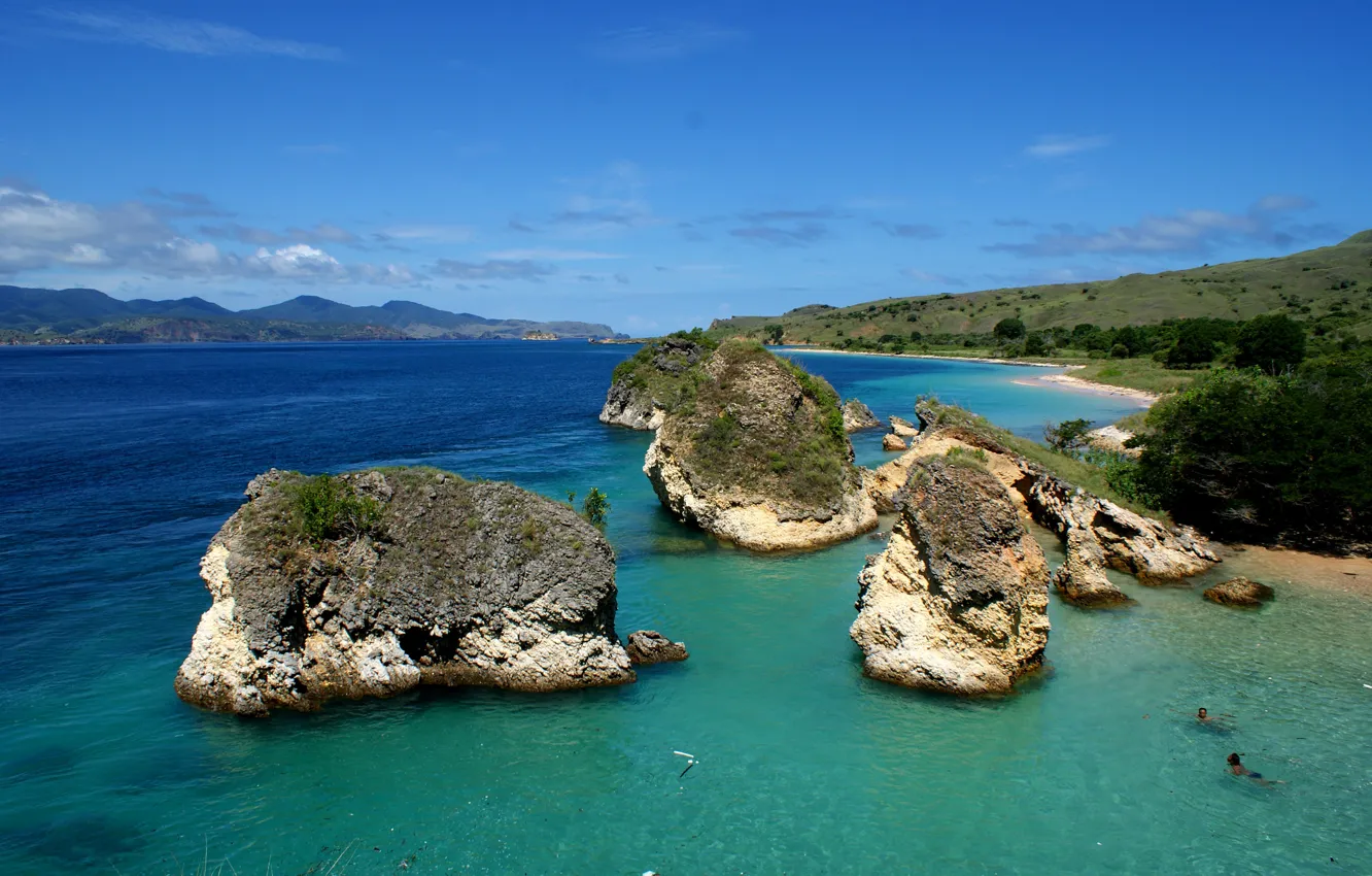 Photo wallpaper sea, the sky, clouds, mountains, stones