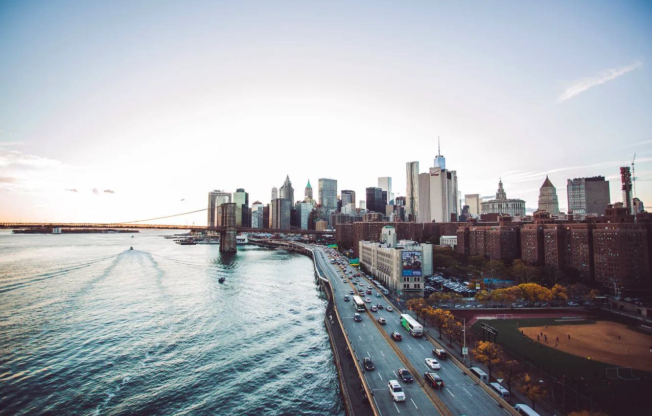 Photo wallpaper road, sunset, bridge, New York, architecture, New York