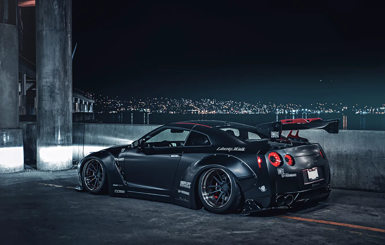 Photo wallpaper City, Japan, Nissan, GT-R, Car, Black, Matte, R35