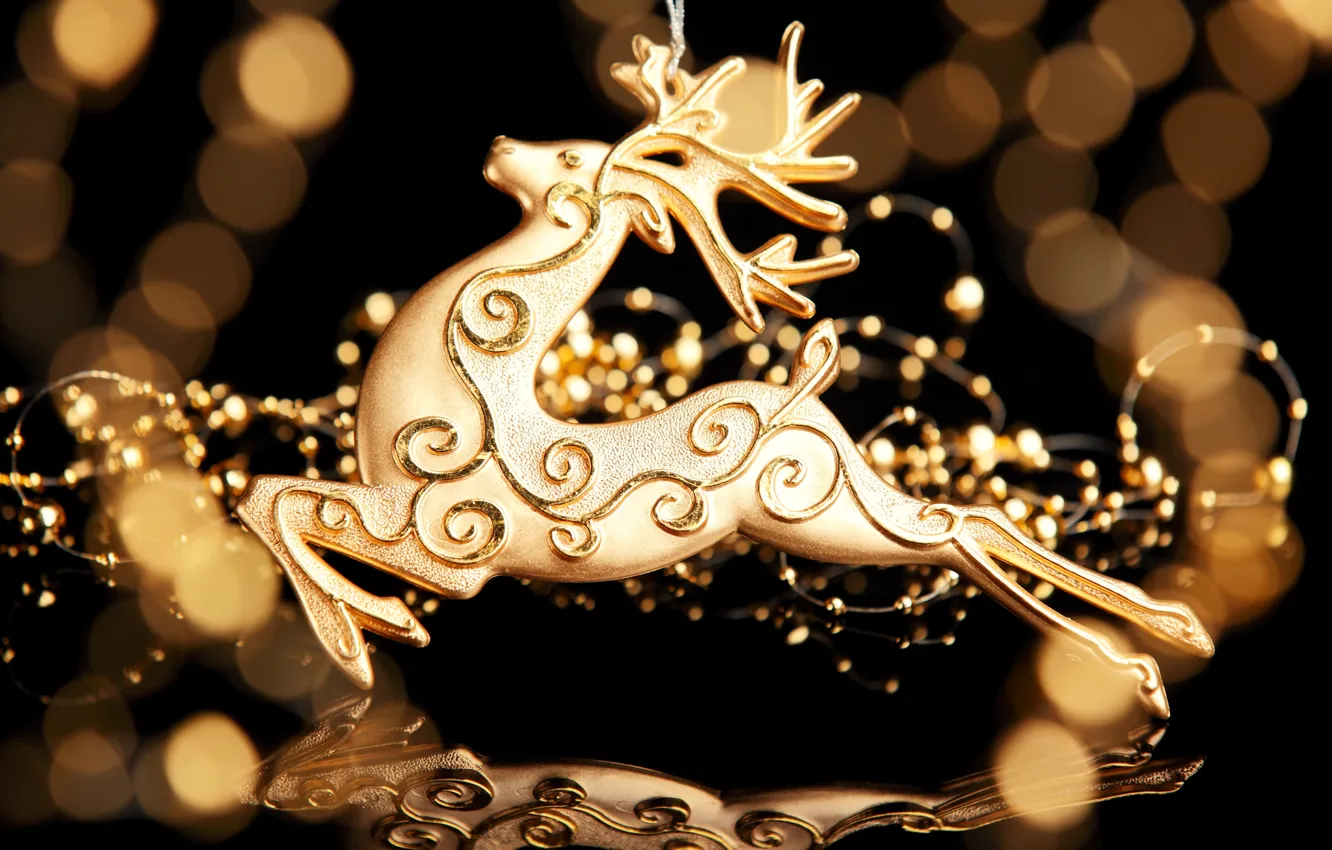 Photo wallpaper decoration, gold, holiday, deer, Christmas, figures, bokeh, New Year