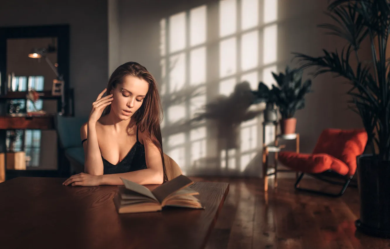 Photo wallpaper pose, room, model, portrait, interior, makeup, hairstyle, book
