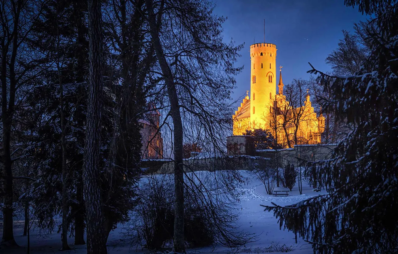 Photo wallpaper winter, night, lights, tower, Germany, Baden-Württemberg, Lichtenstein castle