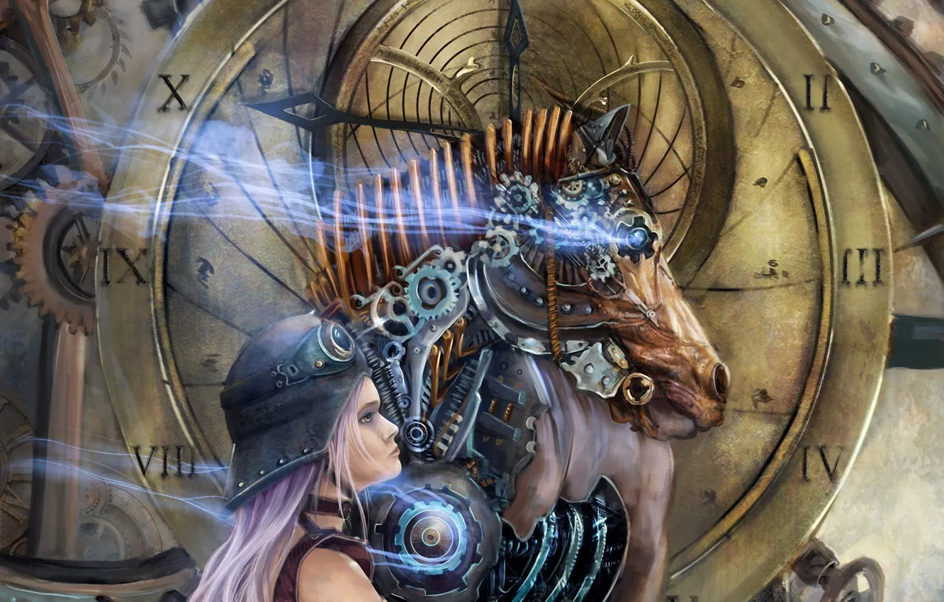 Photo wallpaper girl, surrealism, horse, watch, mechanism, head, art, dial