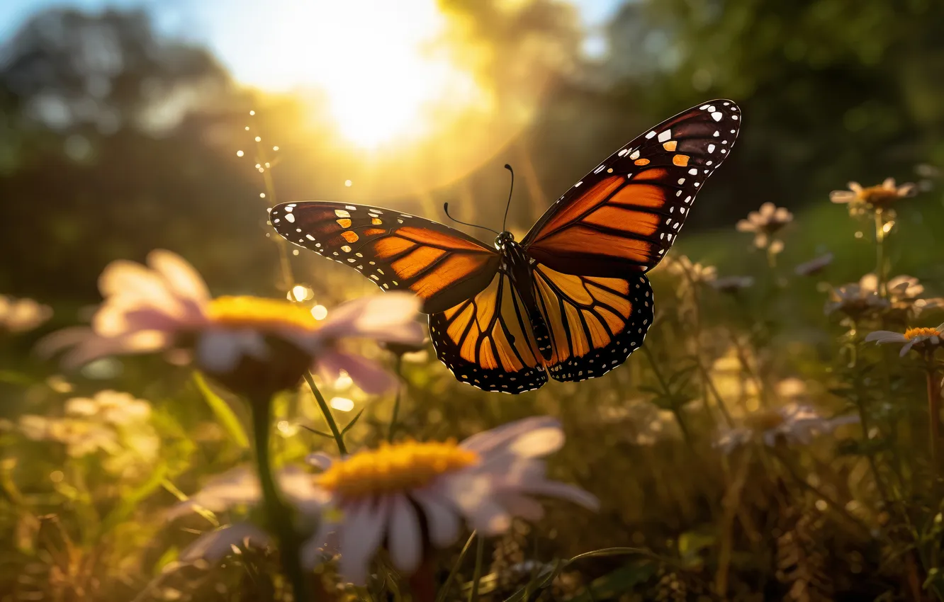 Photo wallpaper flowers, butterfly, wings, digital art, AI art, The Art of Artificial Intelligence, neural network