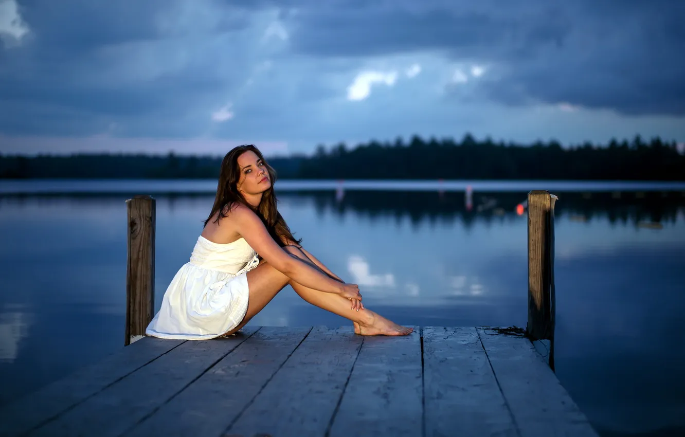 Photo wallpaper girl, night, lake, Mary
