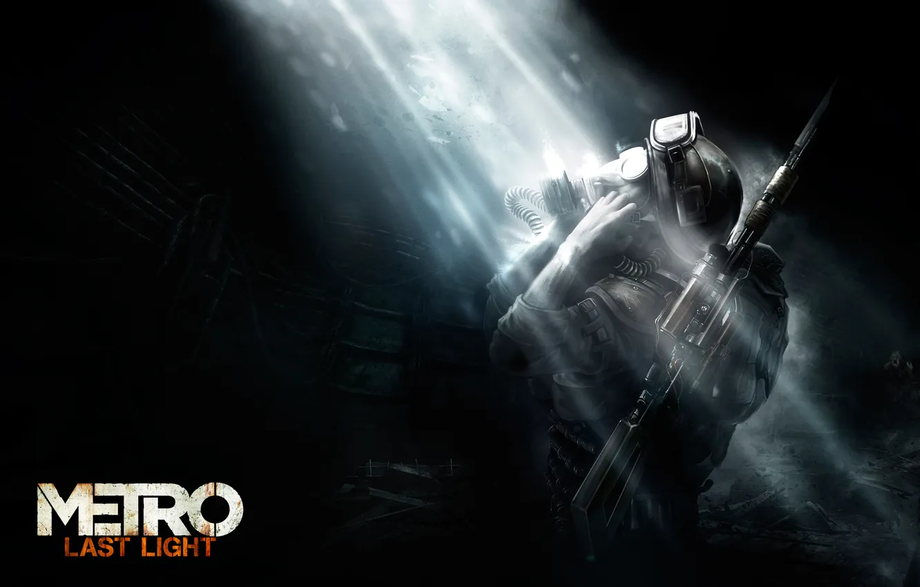 Photo wallpaper metro, soldiers, gas mask, helmet, backpack, rifle, poster, rays of light