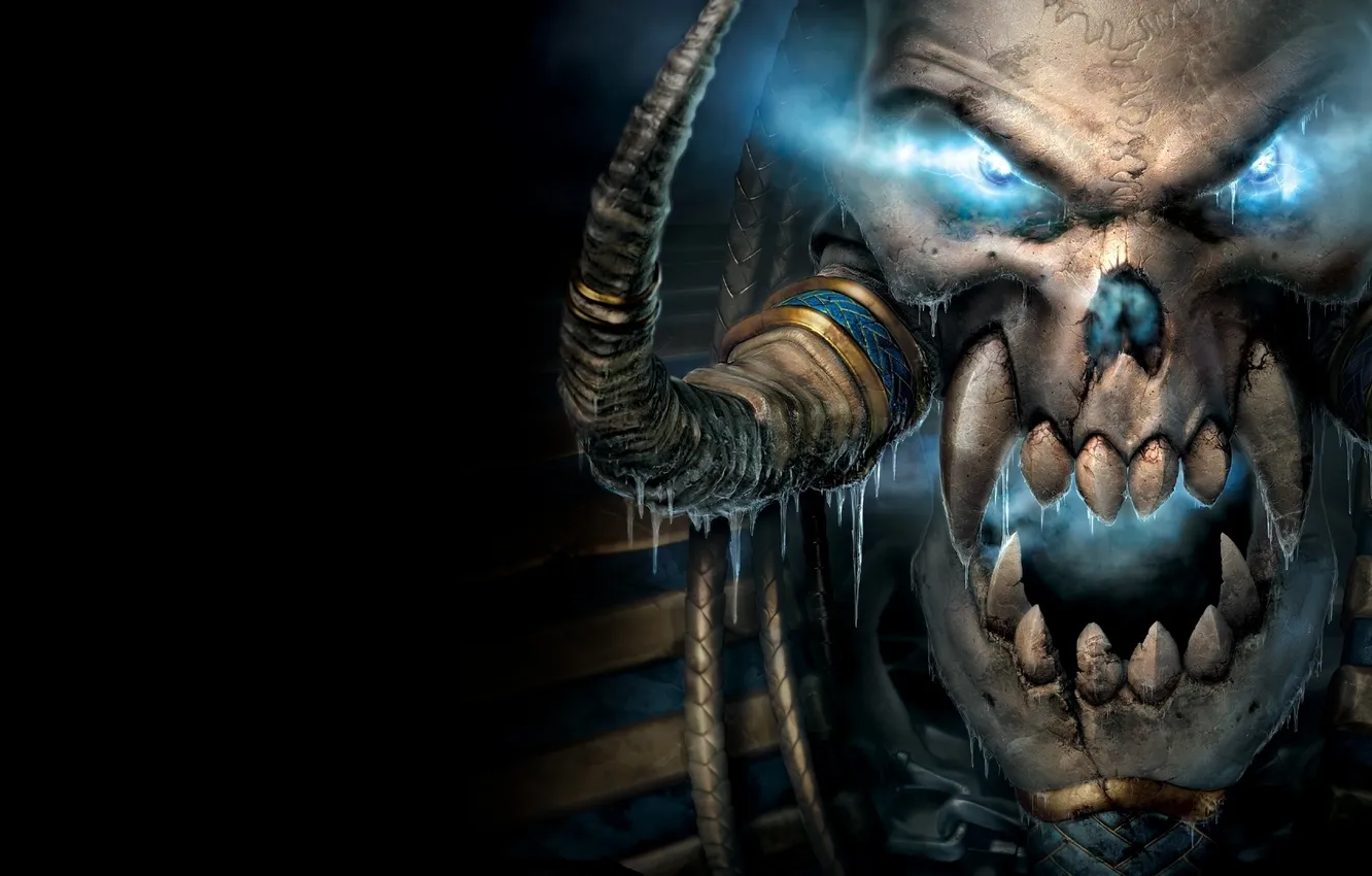 Photo wallpaper cold, eyes, face, Shine, mouth, fangs, horns, undead