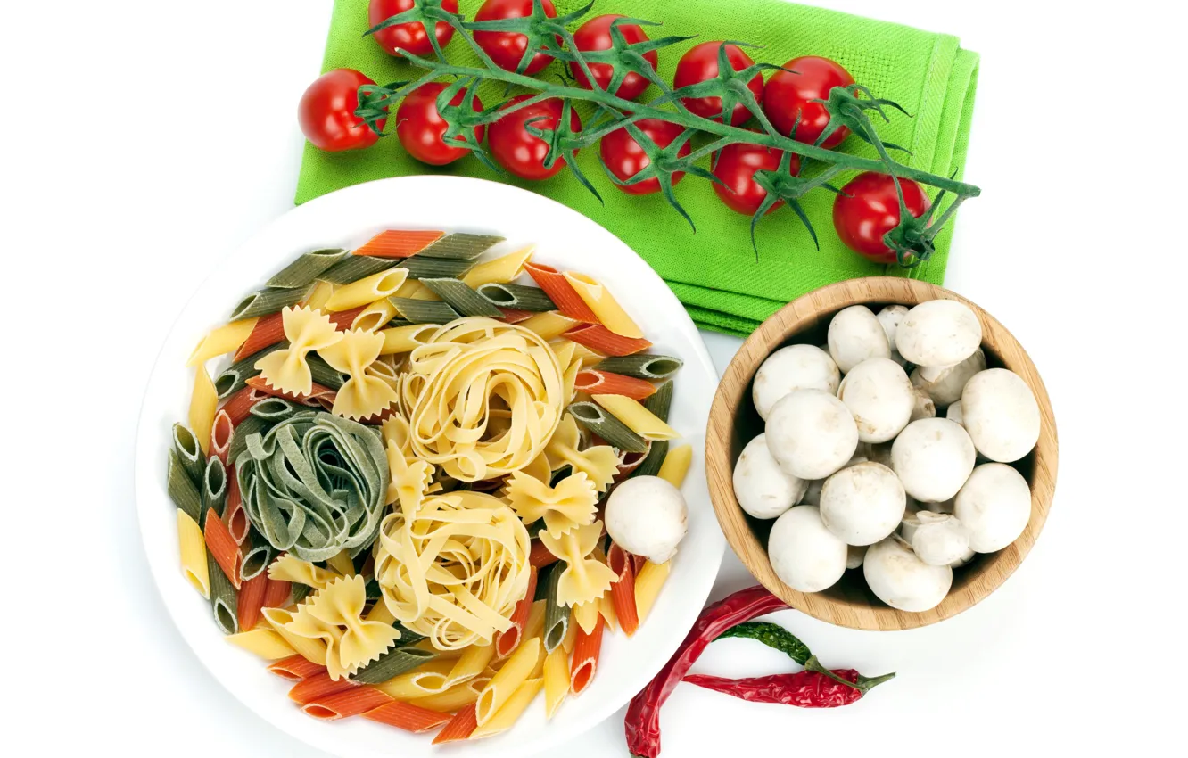 Photo wallpaper mushrooms, white background, tomatoes, hot pepper, pasta