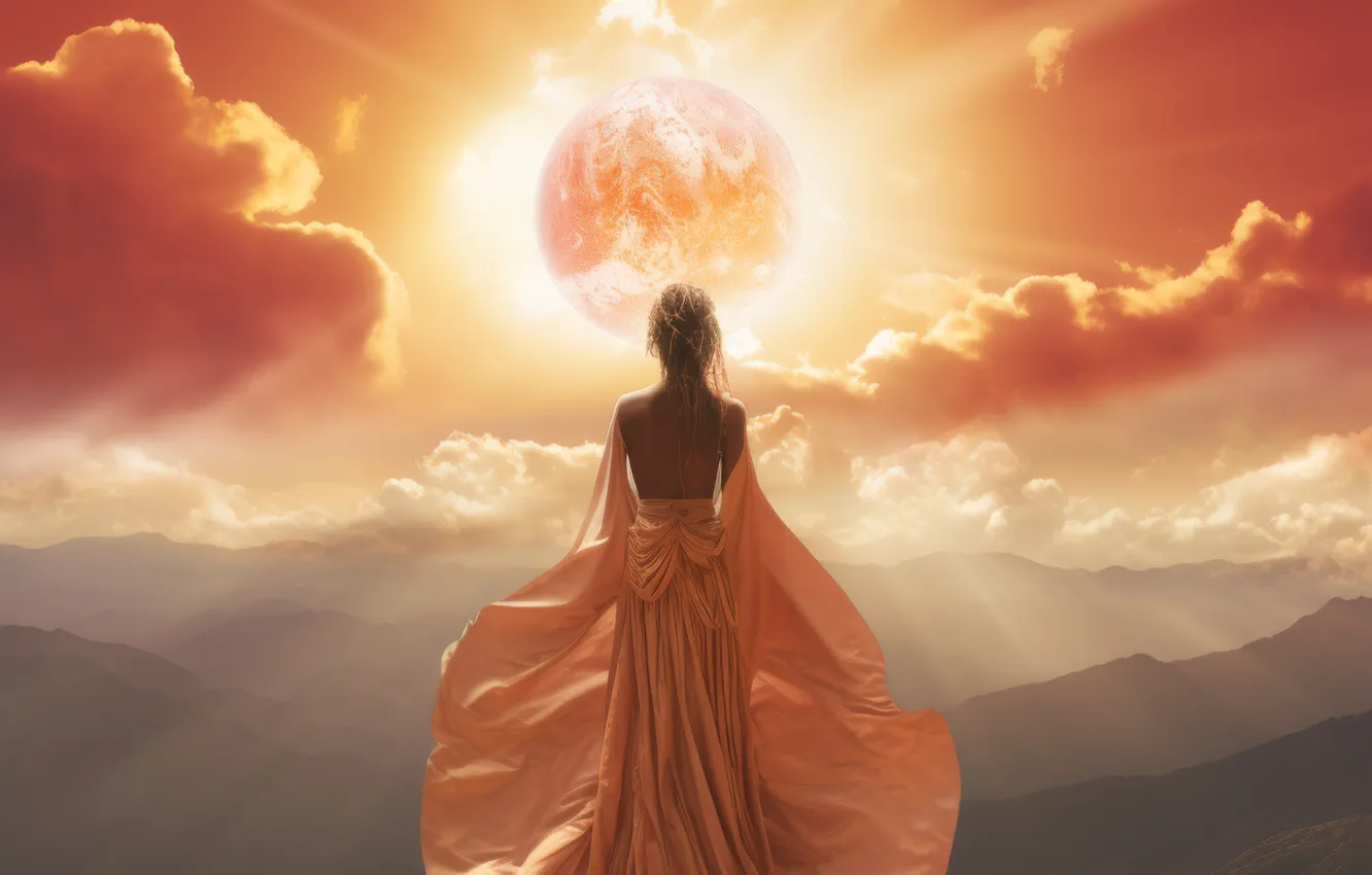 Photo wallpaper girl, the sun, mountains, clouds, dress, back, digital art, AI art