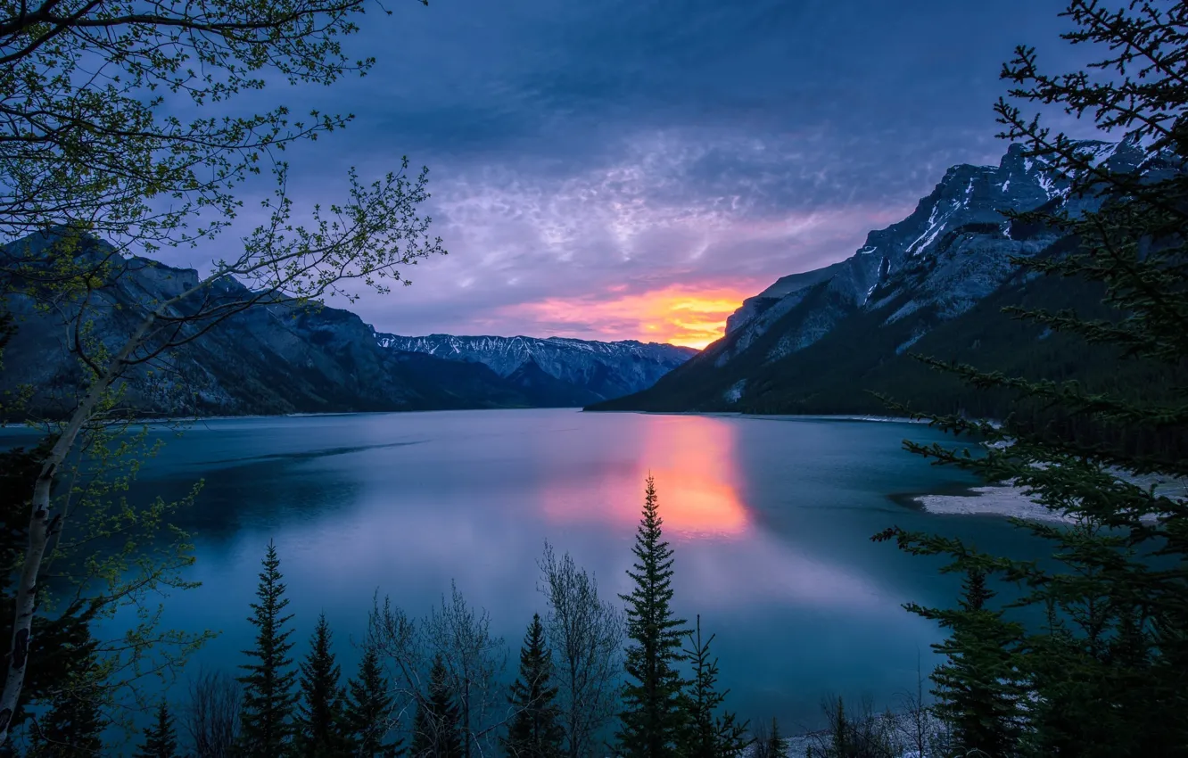 Photo wallpaper sunset, mountains, lake, Canada, Alberta, Canada