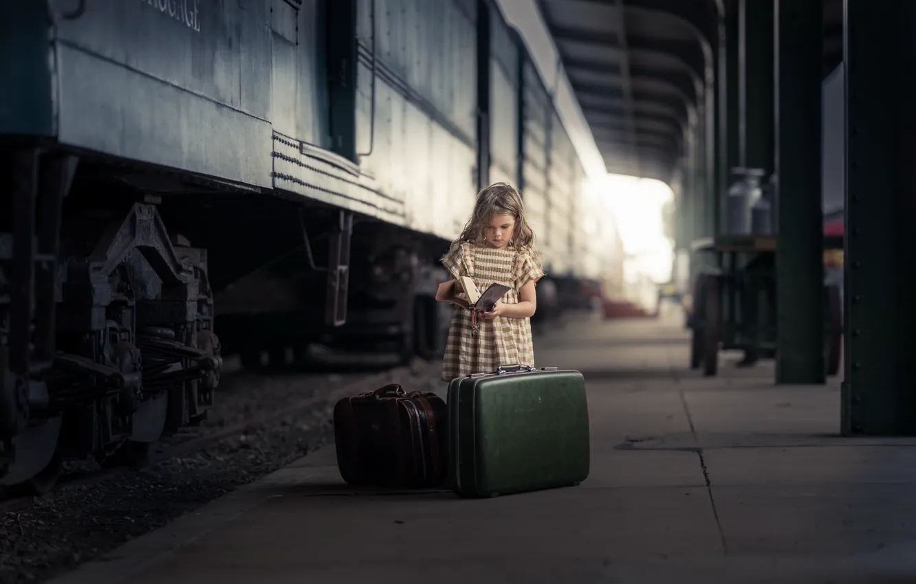 Photo wallpaper station, girl, book, suitcases