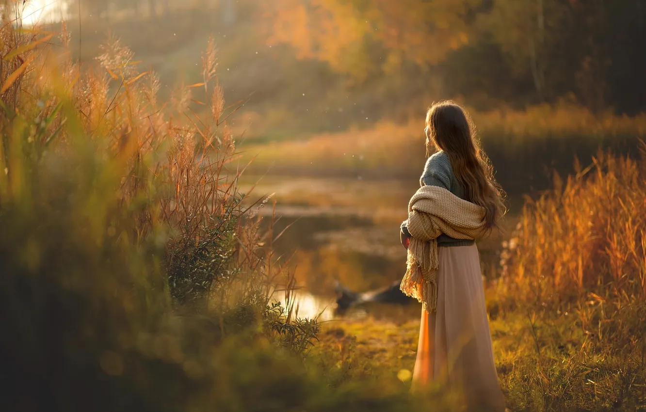 Photo wallpaper autumn, forest, water, girl, light, lake, shore, skirt