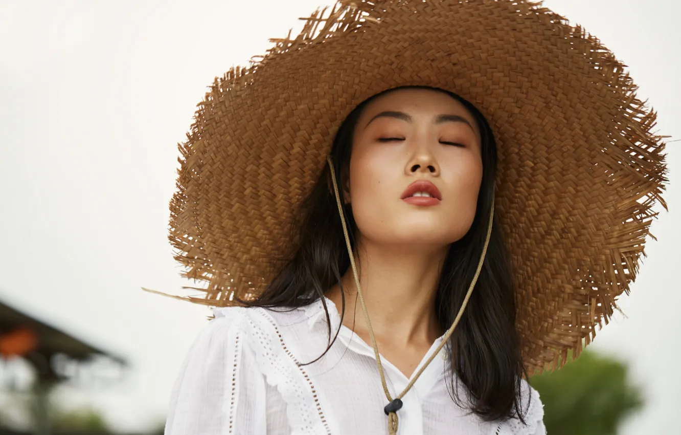 Photo wallpaper girl, face, hat, Asian, closed eyes, Eugene Angels, Angelov