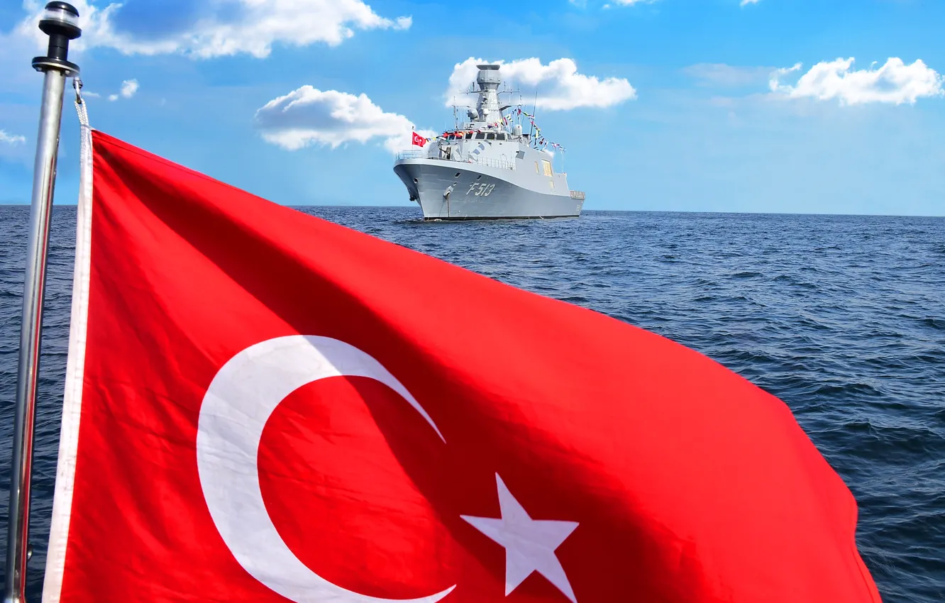 Photo wallpaper sky, sea, frigate, turkish flag